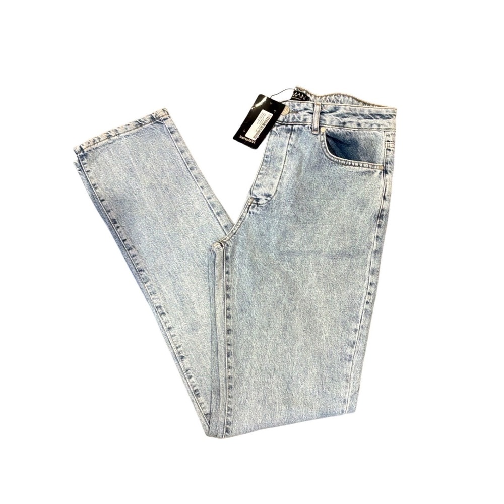 boohooMAN Mens 32 Tall Straight Leg Acid Wash Light Blue Cotton Jeans NEW